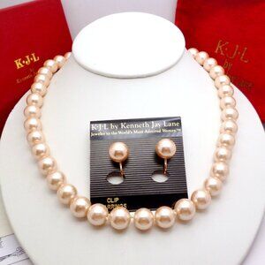 Kenneth Jay Lane Necklace & Earring Set Blush Pink Shell Pearls Clips NIB M1618